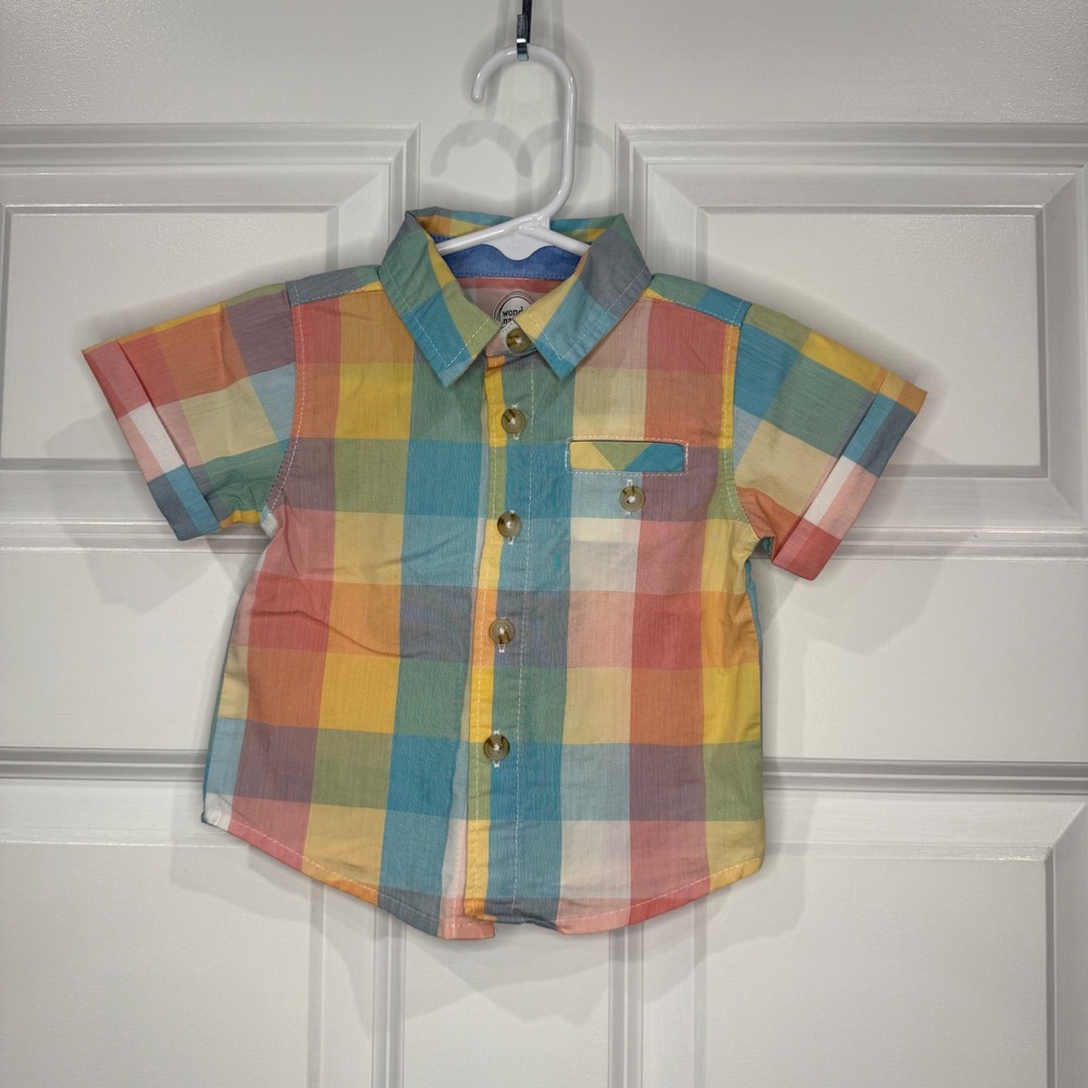 Wonder Nation Baby Boys Plaid Short Sleeve Button Down Shirt Size 3-6 Months